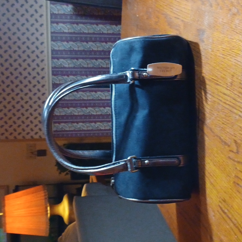 Victorias Secret faux suede black bag with silver trim and straps